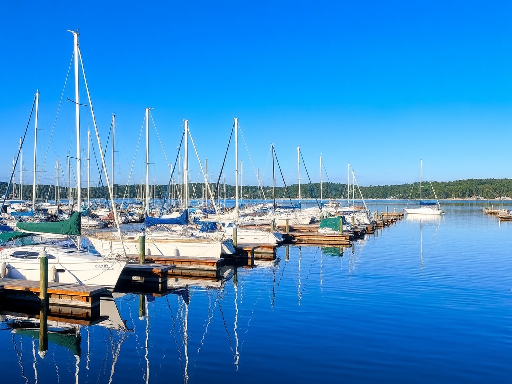 calm marina at Frenchman’s Bay with sailboats, blue sky, reflections on water, relaxed lakeside vibe