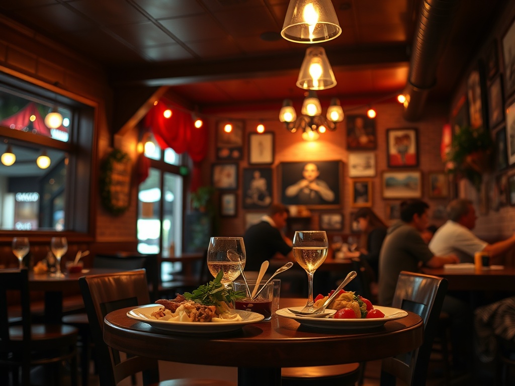 cozy local restaurant interior, warm lighting, plated food, casual dining atmosphere