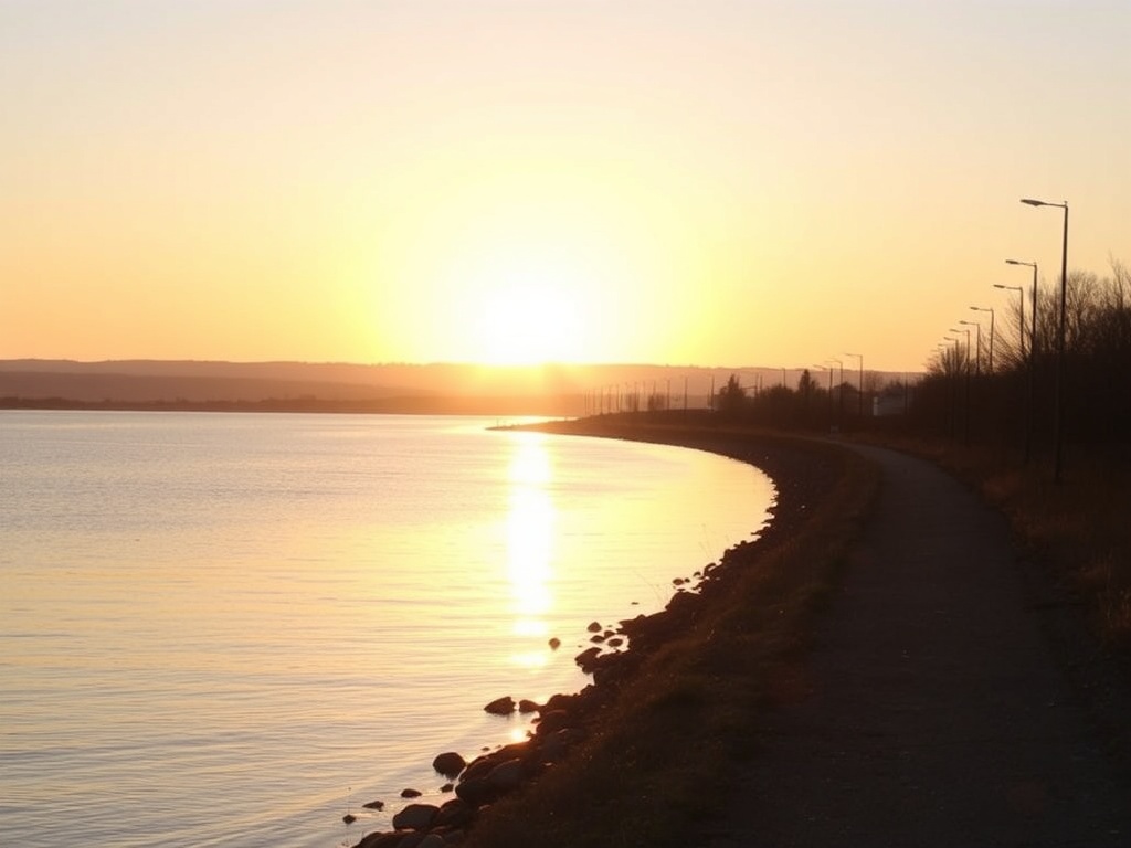 golden sunrise over Lake Ontario shoreline, empty waterfront trail, soft light reflecting on water, peaceful morning atmosphere
