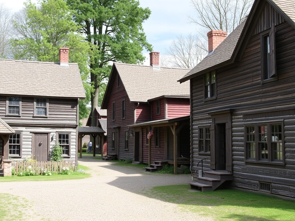 historic buildings at Pickering Museum Village, rustic wooden structures, heritage setting, quiet afternoon