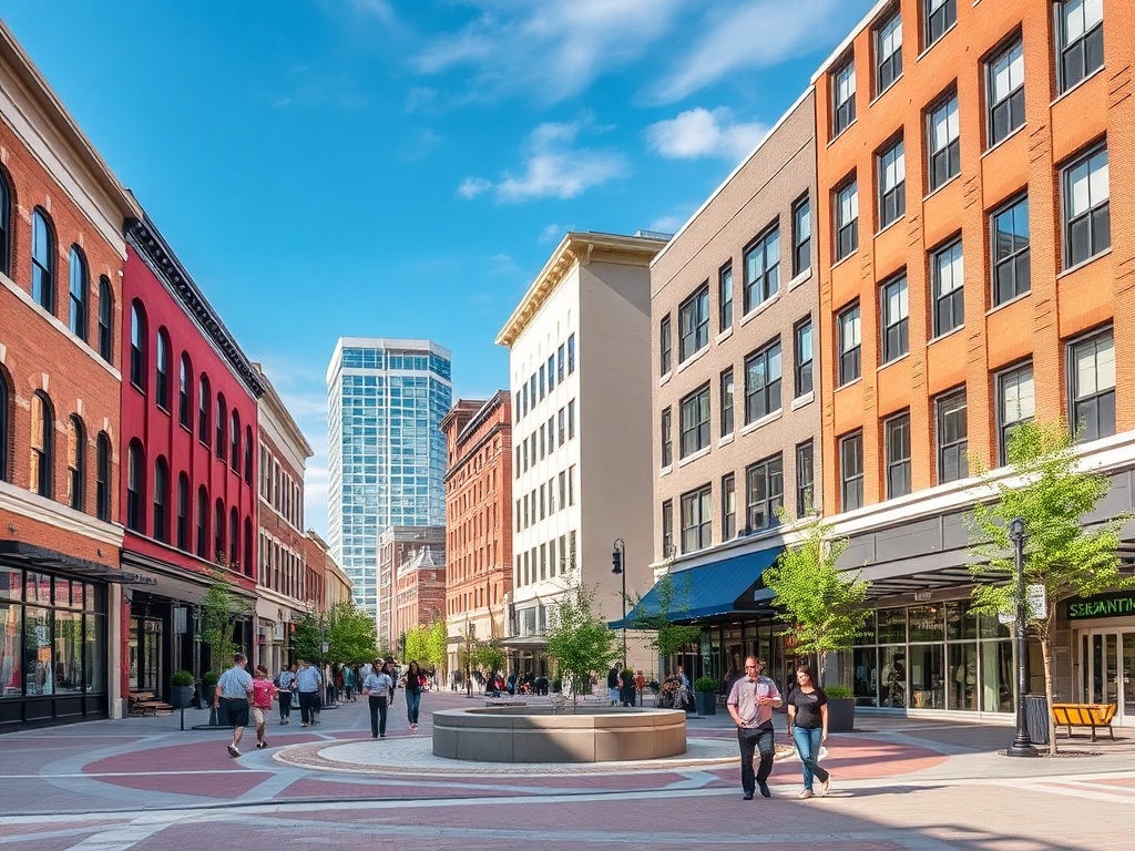modern downtown Pickering buildings, clean streets, urban plaza, people walking casually