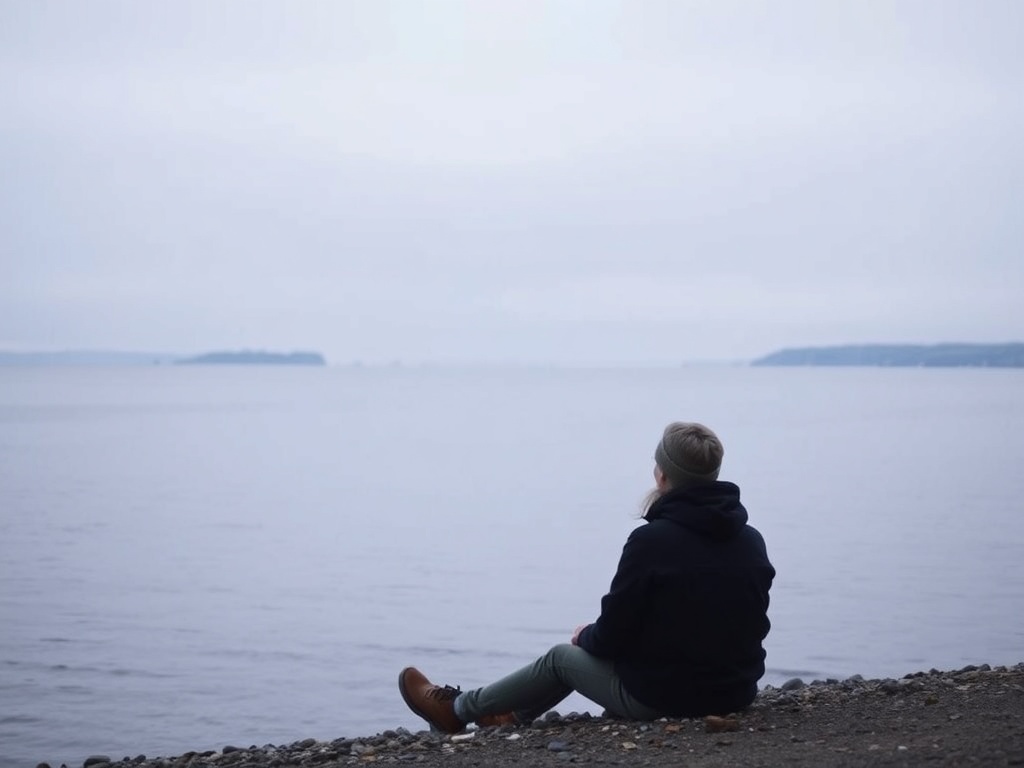 person sitting by Lake Ontario shoreline, peaceful minimal scene, reflective mood, calm water