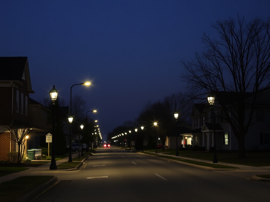 quiet evening streets in Pickering, soft streetlights, peaceful suburban night
