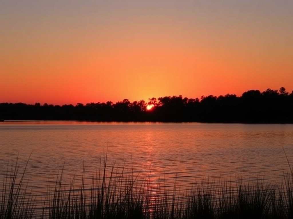 sunset over lake at Rotary Frenchman’s Bay West Park, orange sky, silhouettes, calm water