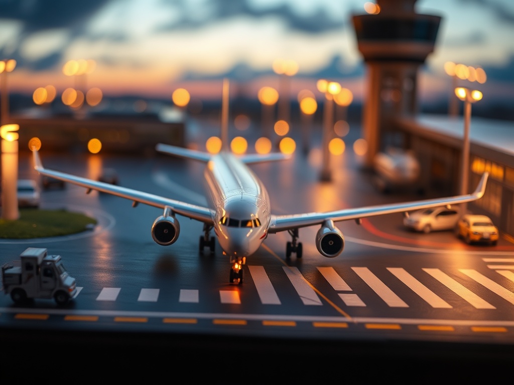 airplane model integrated into realistic airport diorama with runway and lighting