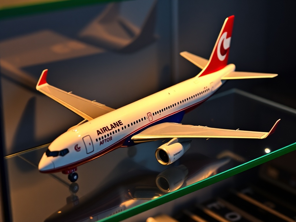 rare diecast plane model in special airline livery, dramatic lighting, collector display shelf