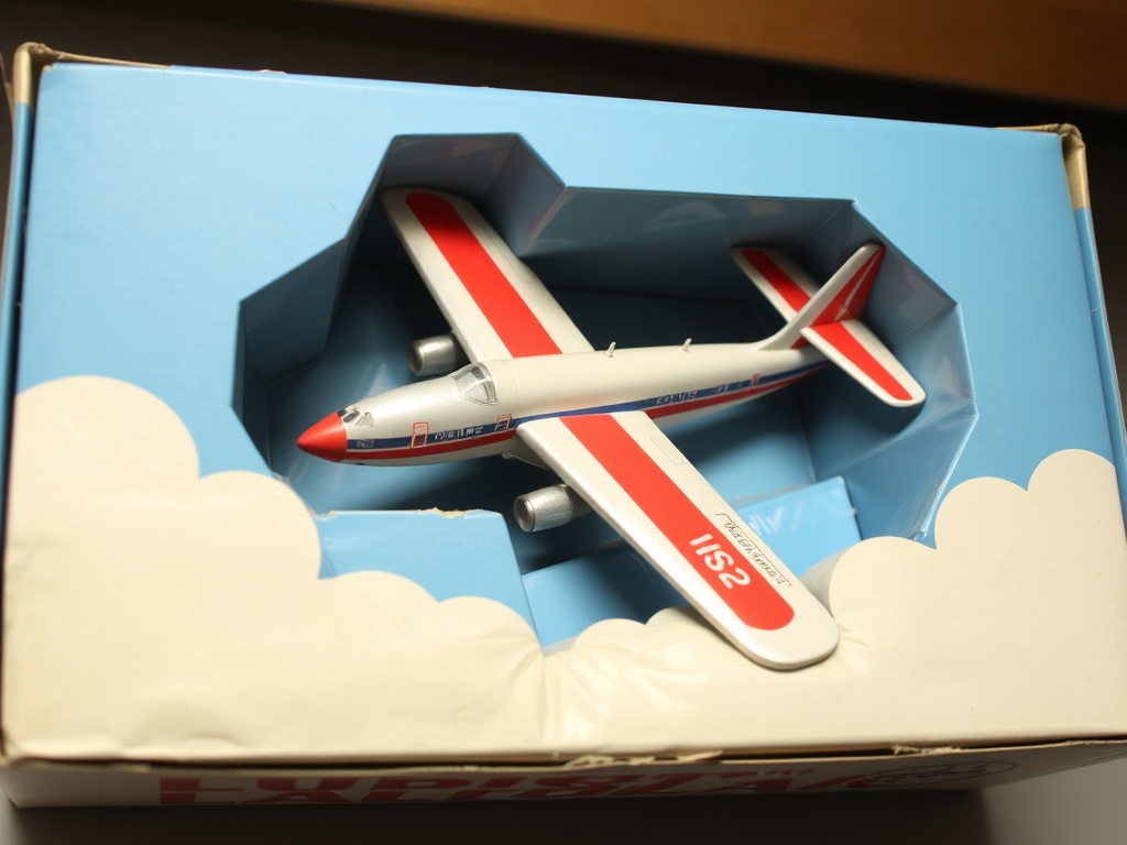 vintage boxed airplane model from discontinued brand, slightly worn packaging