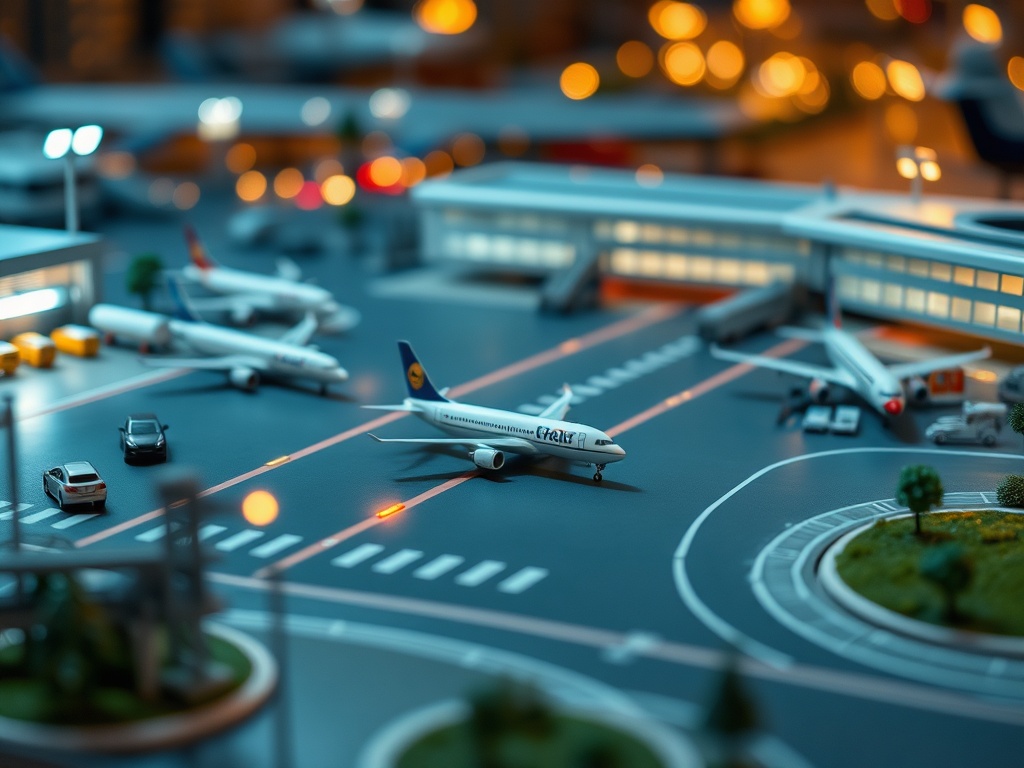 airport diorama with multiple airplane models runway vehicles lighting realistic miniature airport scene