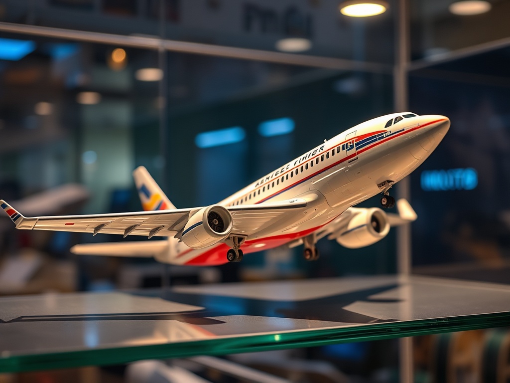 highly detailed diecast commercial airplane model on display shelf dramatic lighting collector showcase