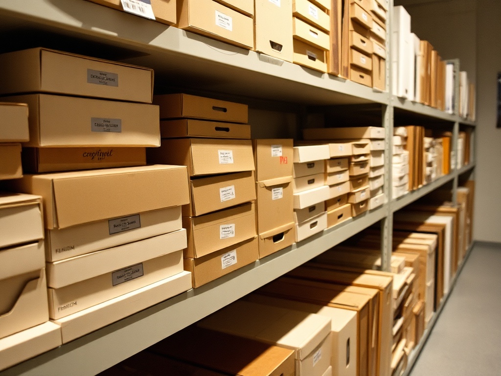 a shelf lined with neatly stored model boxes, ensuring safe and organized storage of fashion models.