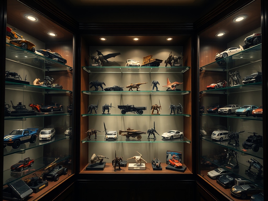 vivid description of a collector's display case filled with models, glass shelves, accent lighting, and proper arrangement.