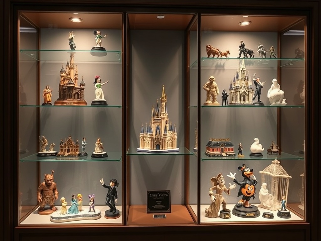 a curated display of high-end Disney collectibles in glass cabinets with soft lighting, rare figurines and limited edition items