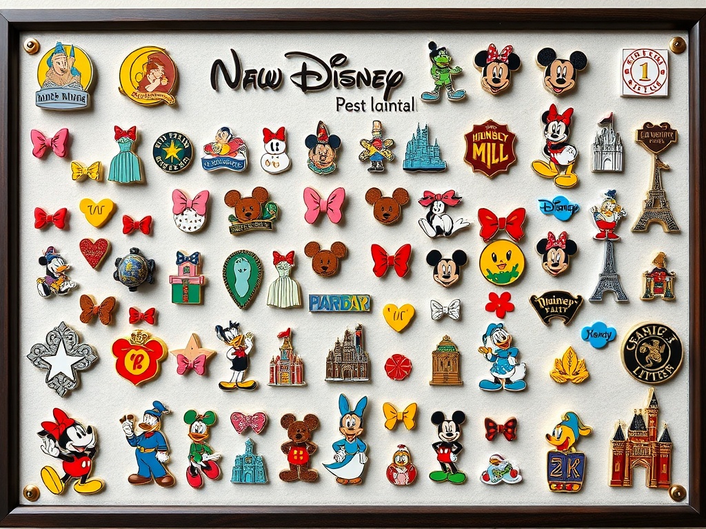 a focused Disney pin collection board neatly arranged by theme and rarity with vibrant enamel pins