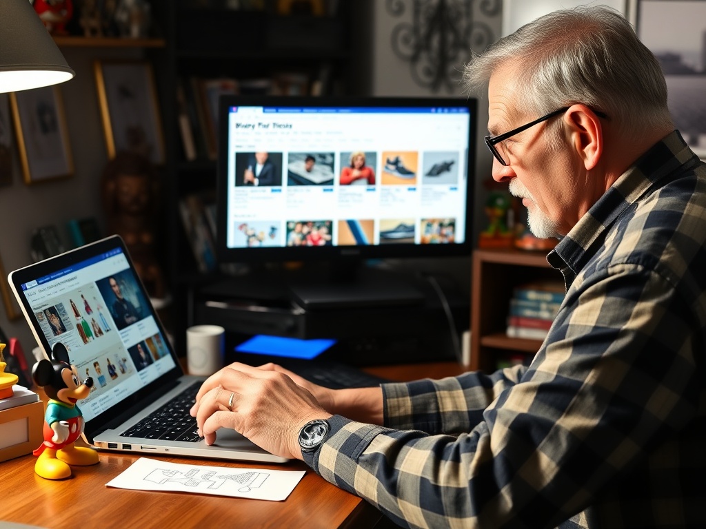 collector analyzing auction listings on laptop with Disney collectibles displayed nearby on desk