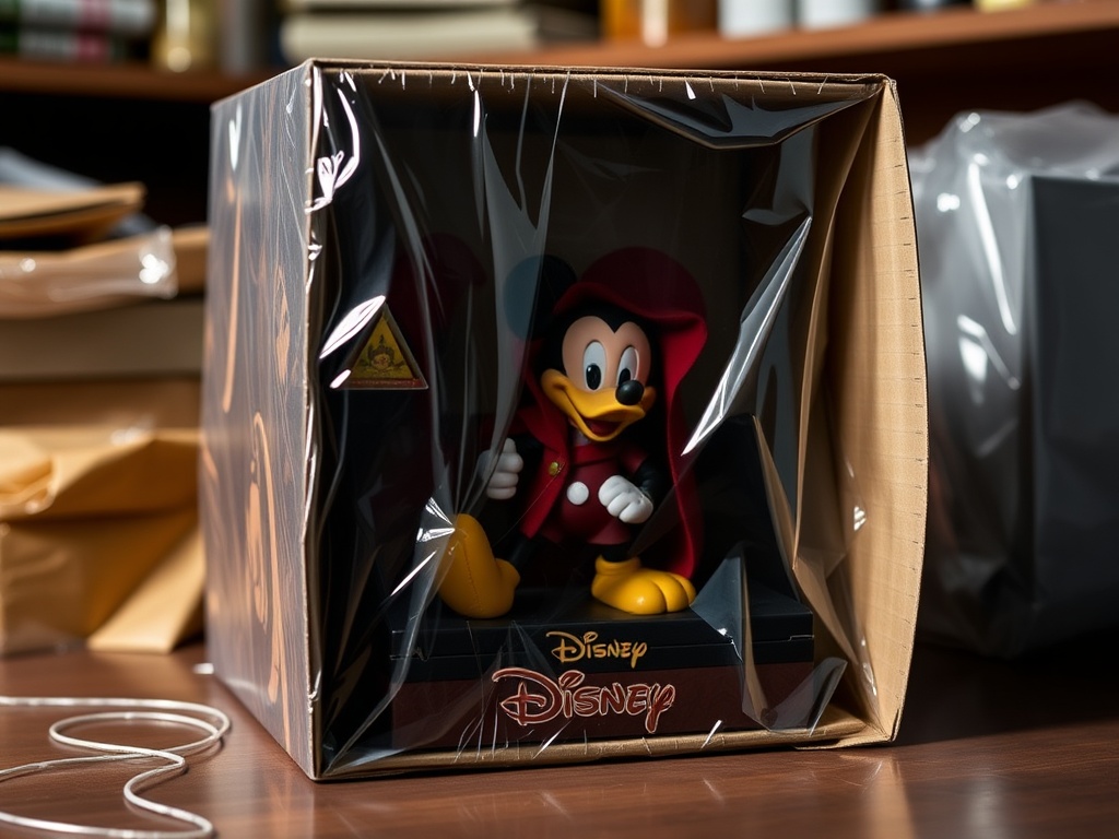 collector packaging a high-value Disney collectible for shipping with care and protective materials