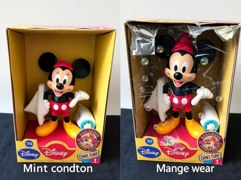comparison of mint condition Disney collectible in box versus damaged version with visible wear