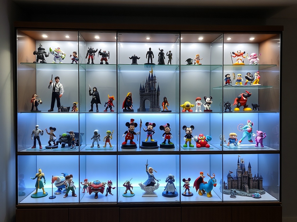 modern collector display setup with glass cabinets, LED lighting, and neatly arranged Disney figures