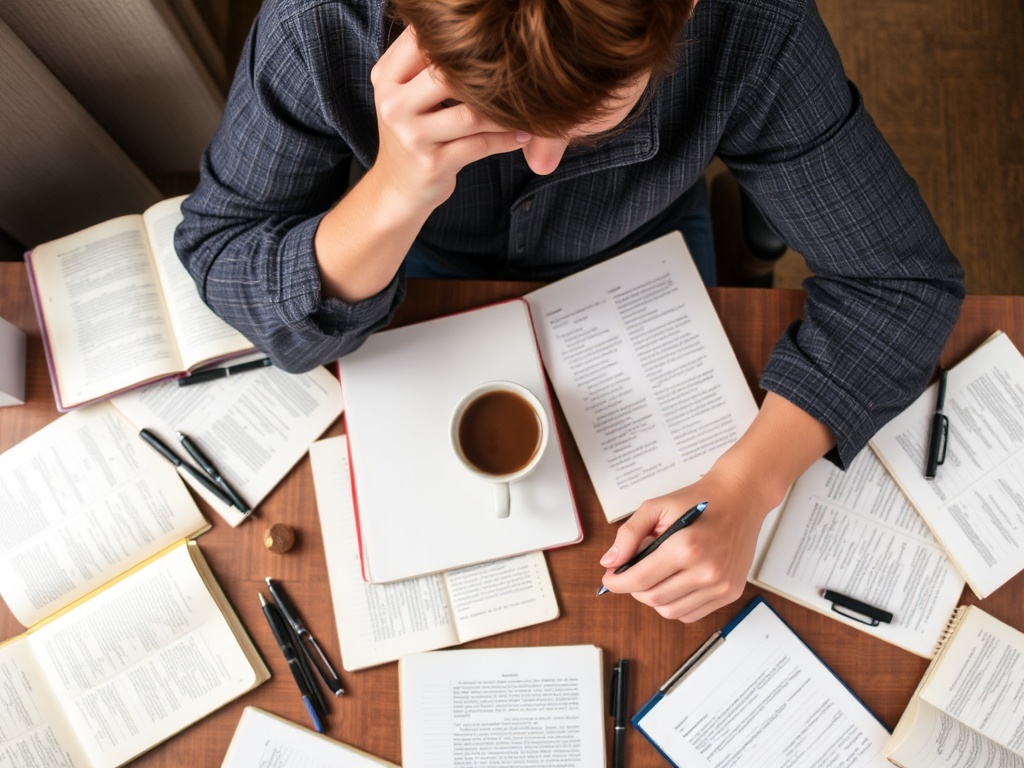 A person sitting at a desk surrounded by open notebooks, pens, and a cup of coffee, immersed in deep thought while writing creatively.
