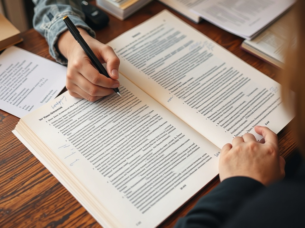 A writer reviewing and revising their manuscript on a desk, marked up with notes and changes on the pages.