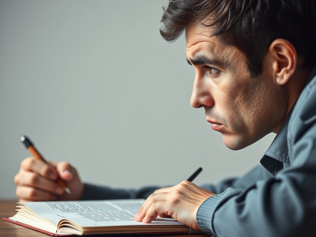 A writer staring at a blank page, contemplating, with a slight look of frustration and determination on their face.