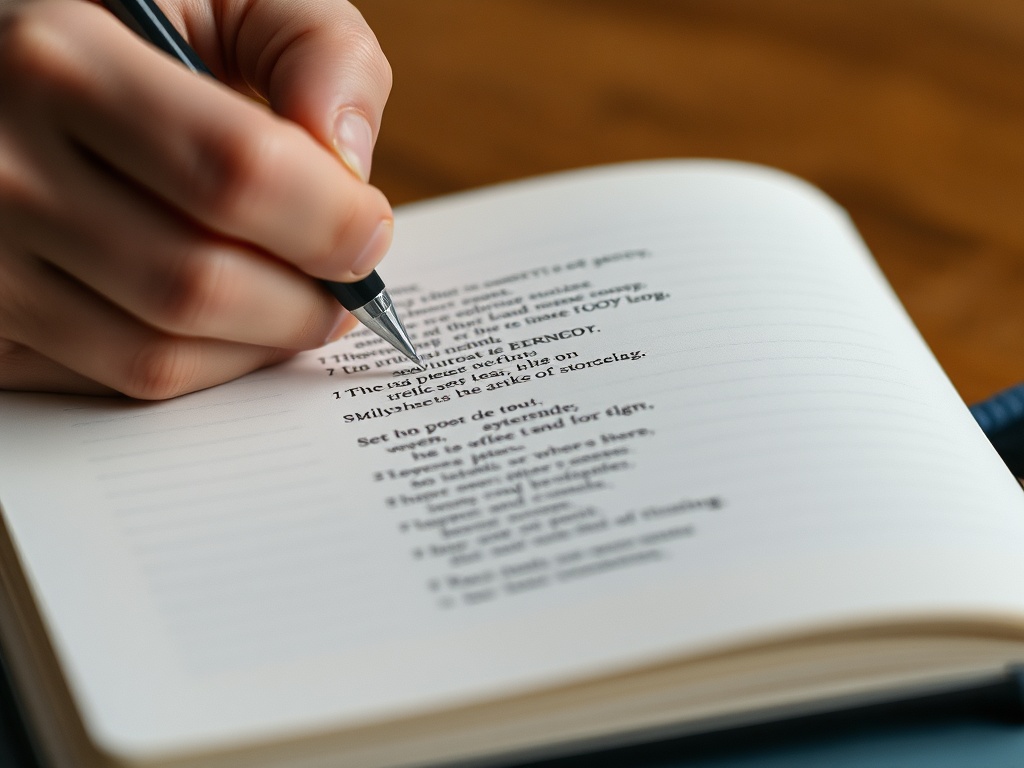 Close-up of a person writing in a journal, with words and phrases forming a poetic flow on the page.