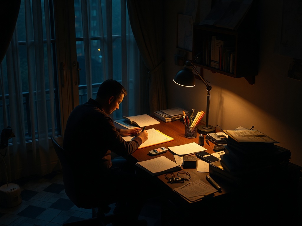 a lone writer at a desk at night, scattered papers, dim lamp, introspective mood, cinematic shadows