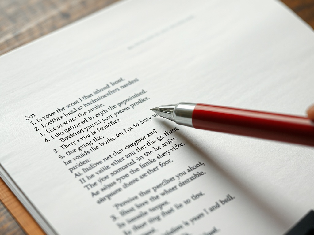 editor crossing out lines on a printed poem with a red pen, focused and deliberate