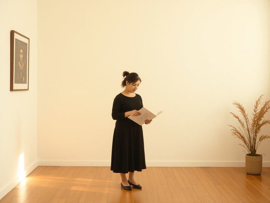 poet reading aloud in a quiet room, voice echoing, minimalist interior, warm tones