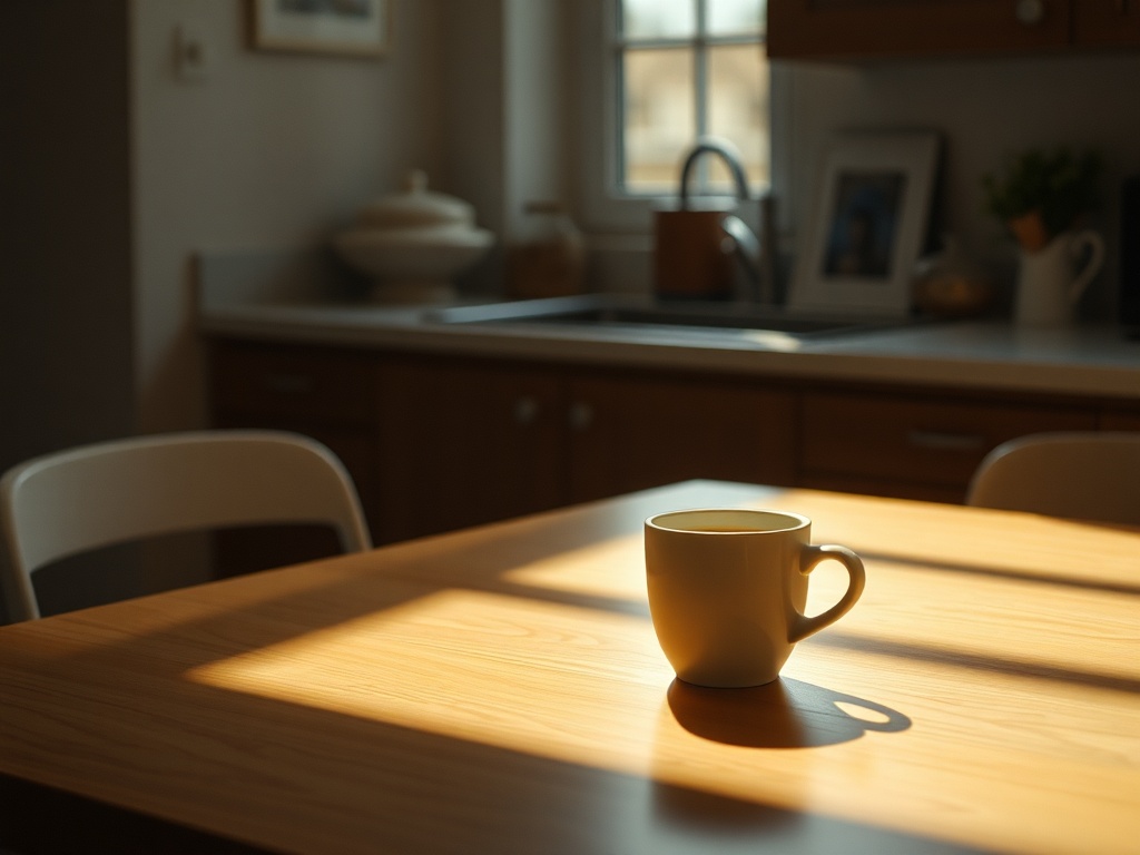 quiet kitchen table with a single coffee cup, morning light, subtle melancholy atmosphere