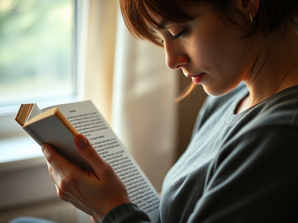 reader holding a poetry book, soft light, focused expression, intimate reading moment