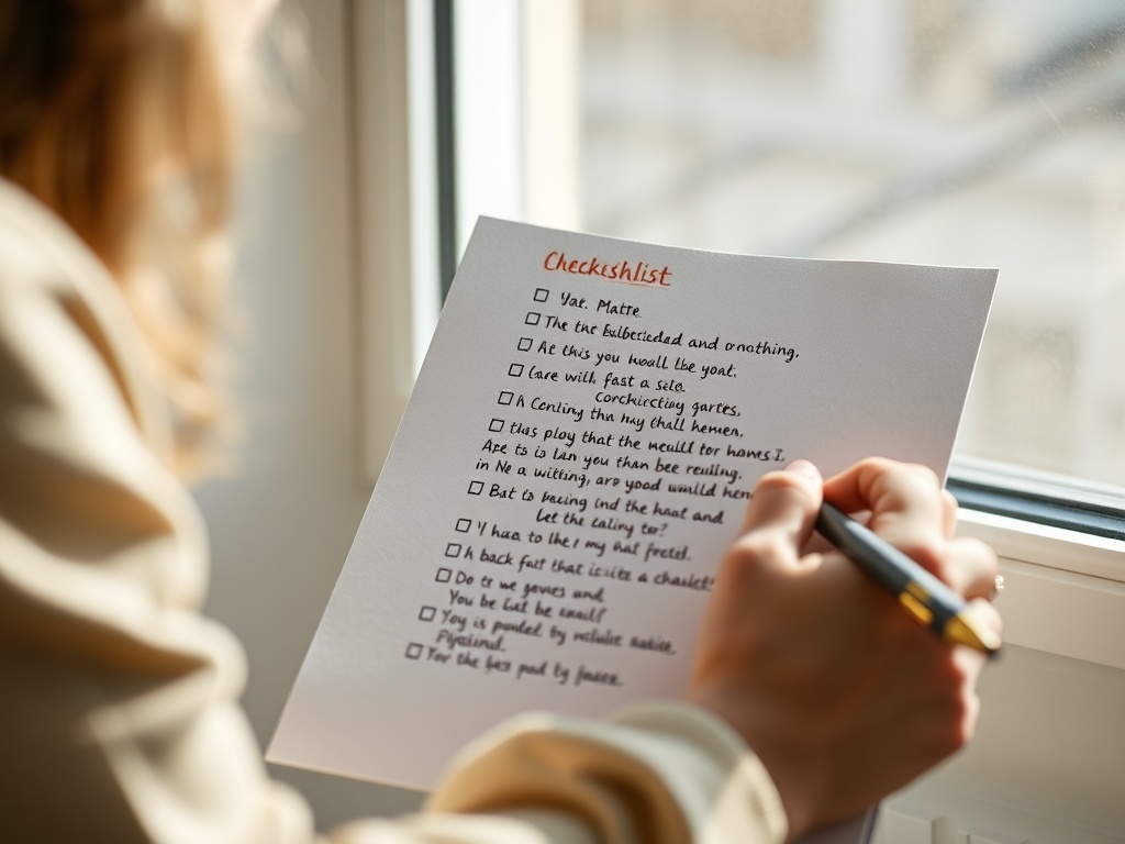 writer reviewing checklist beside handwritten poem, thoughtful expression, natural light