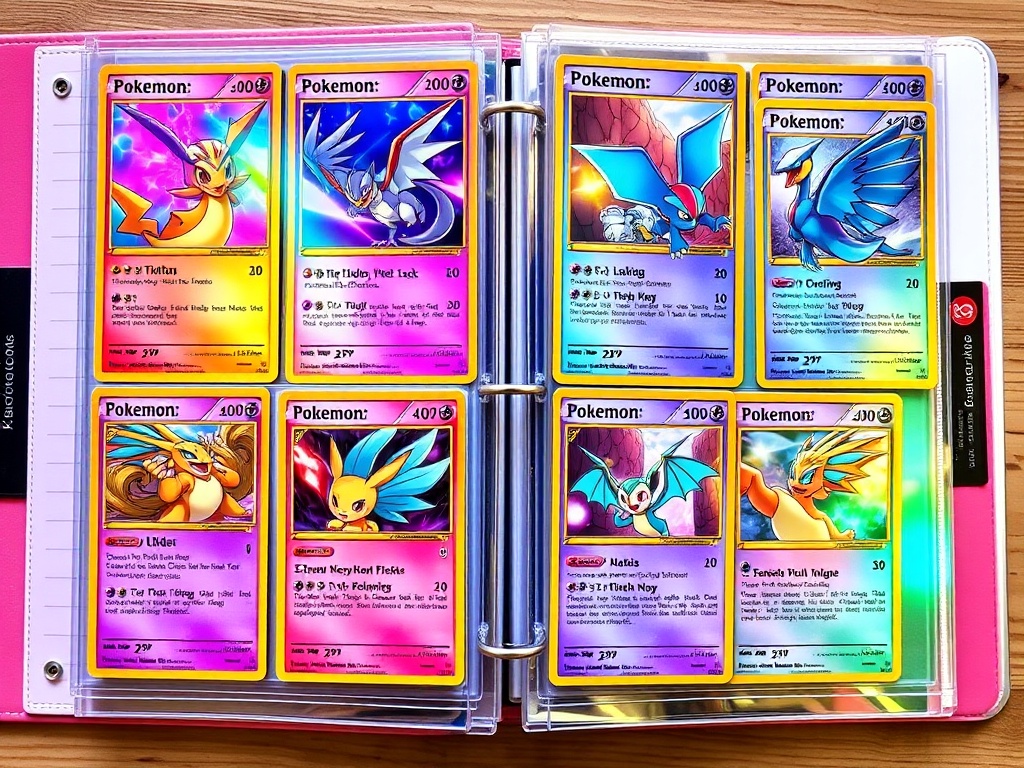 binder page filled with colorful full-art pokemon cards with vibrant illustrations and holographic shine