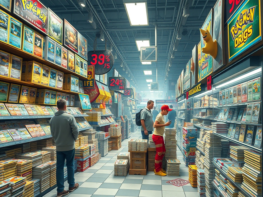 busy pokemon card marketplace scene with rising price charts and collectors trading cards