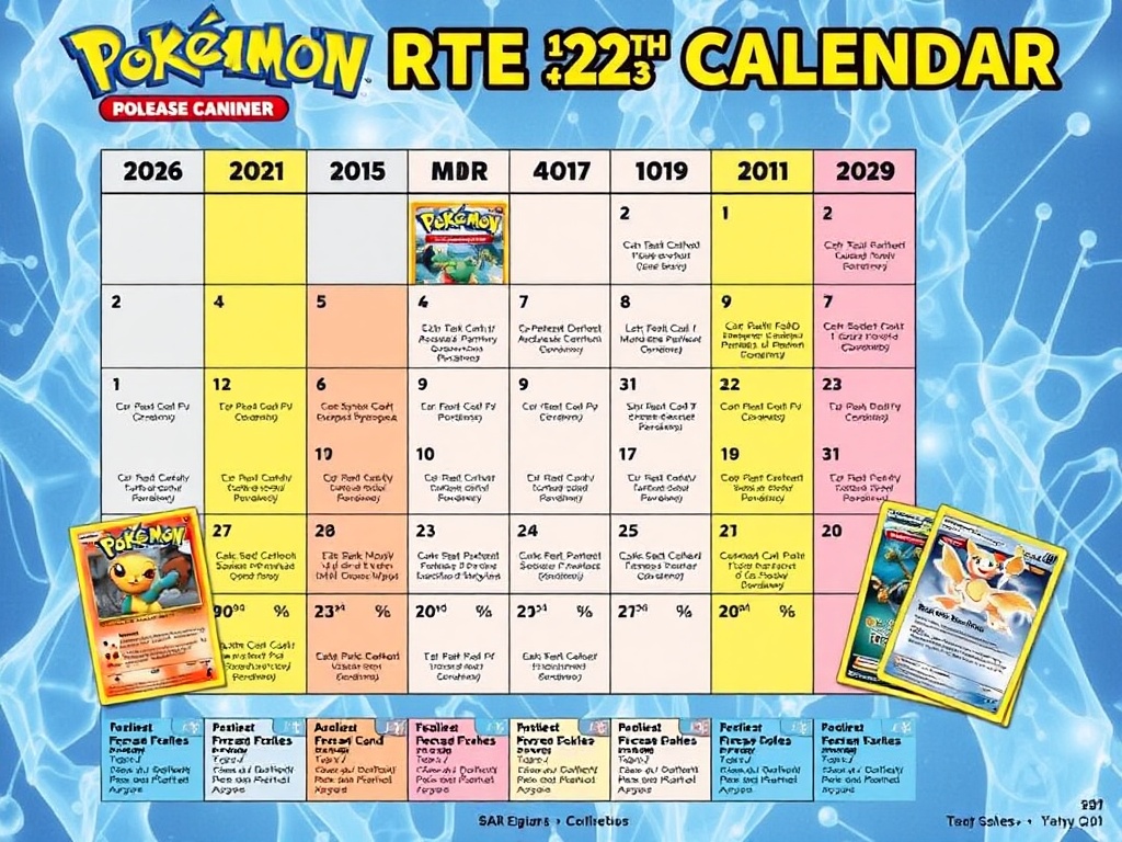 calendar with pokemon card release dates and market trends highlighted alongside trading cards