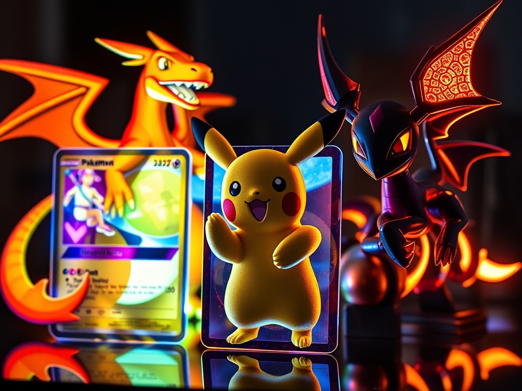 charizard, pikachu, and umbreon pokemon cards displayed prominently with glowing holographic effects