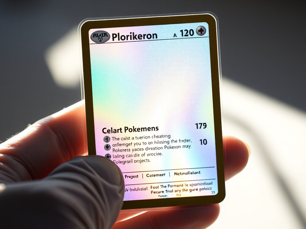 close-up of a rare holographic pokemon card shimmering under soft light, collector holding card carefully with gloves