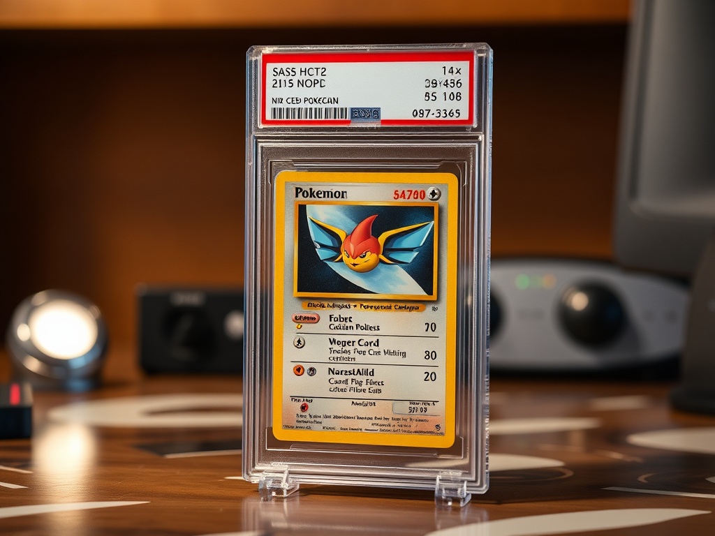 graded pokemon card in PSA slab with perfect centering, displayed on clean collector desk with soft lighting