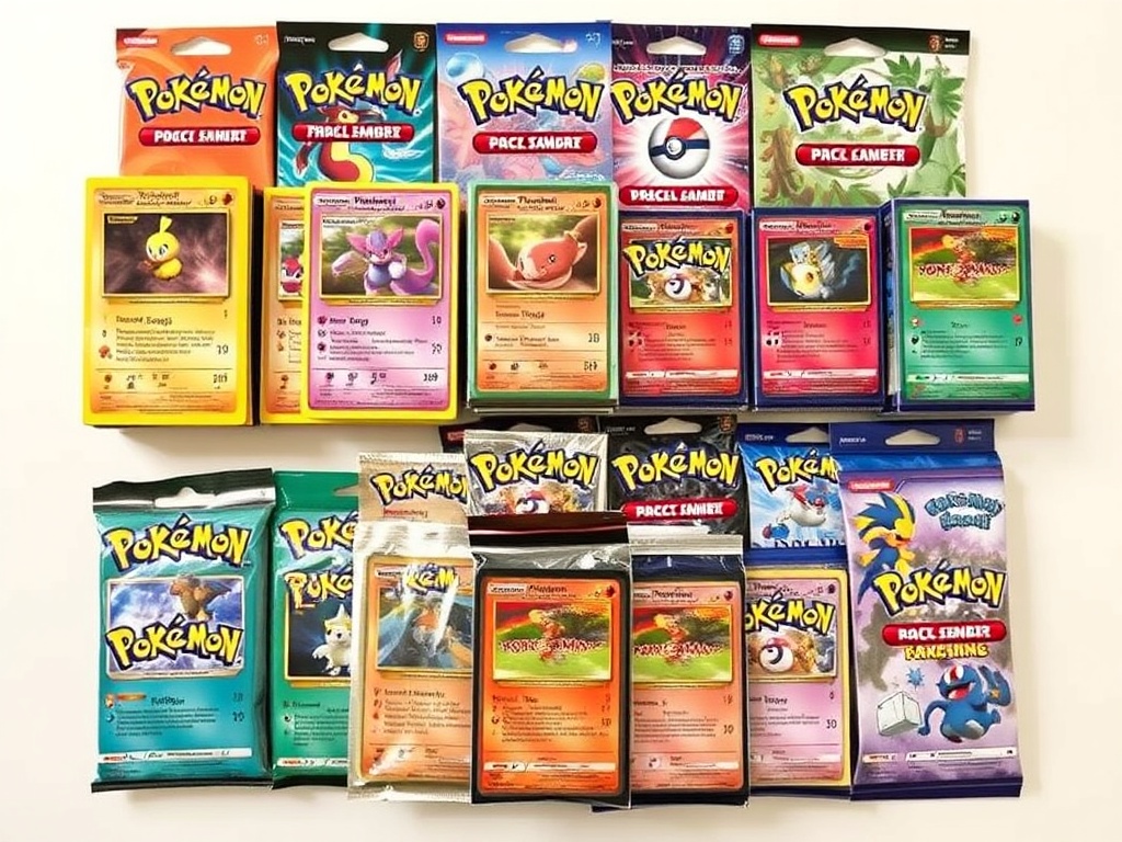 spread of pokemon booster packs from different eras showing vintage and modern sets side by side