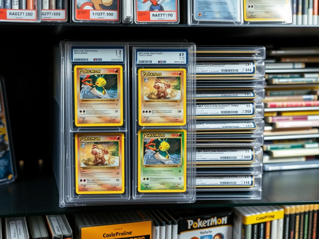 stack of graded pokemon cards in slabs neatly arranged on collector shelf with labels visible