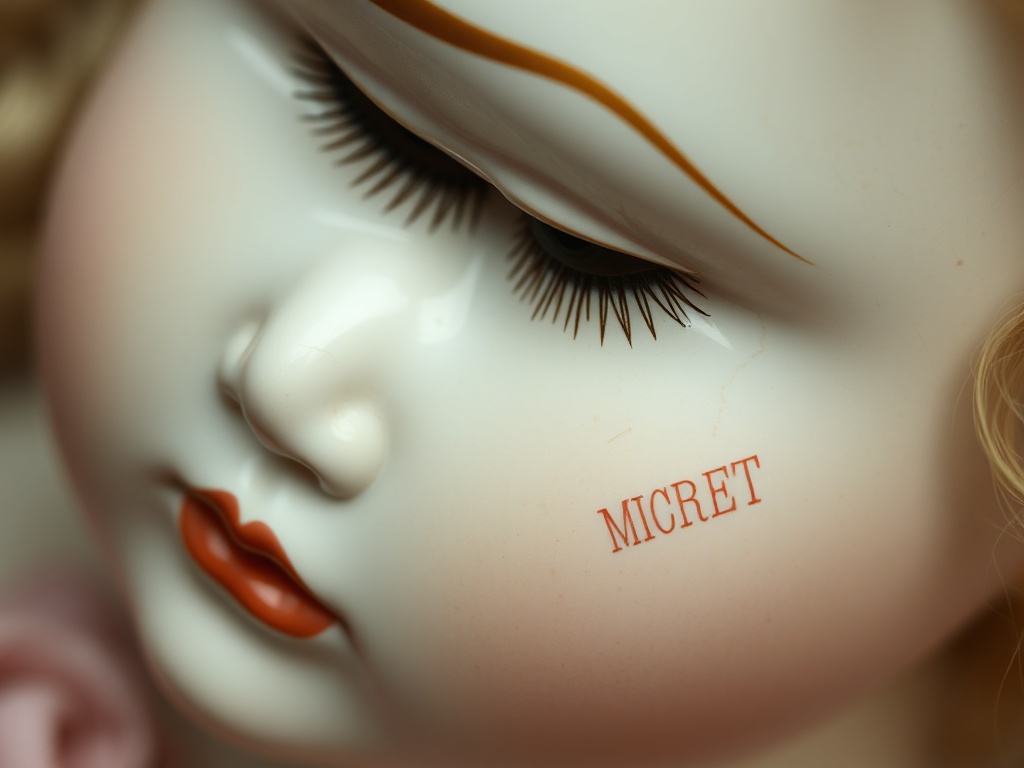 close-up of antique porcelain doll face showing fine cracks and delicate painted features