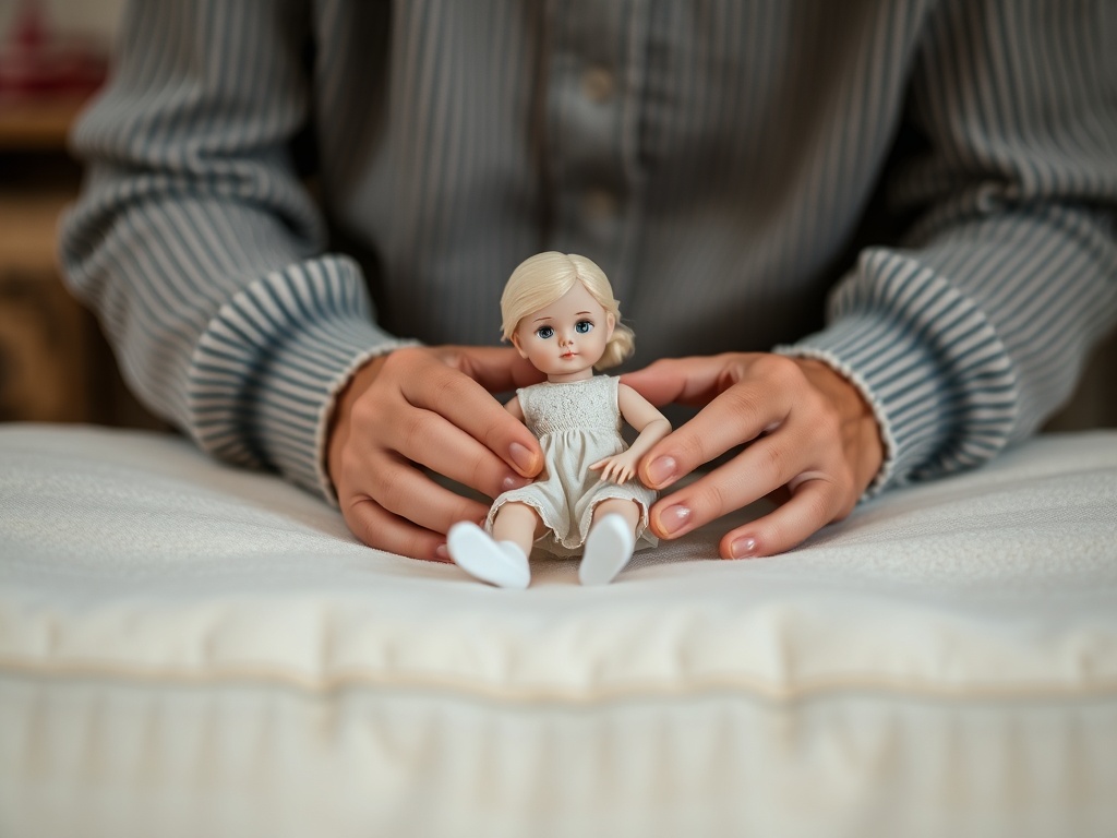 collector carefully holding porcelain doll with both hands over soft padded surface