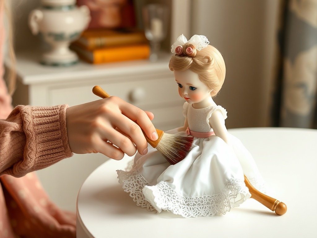 collector gently dusting porcelain doll with soft brush on clean white table
