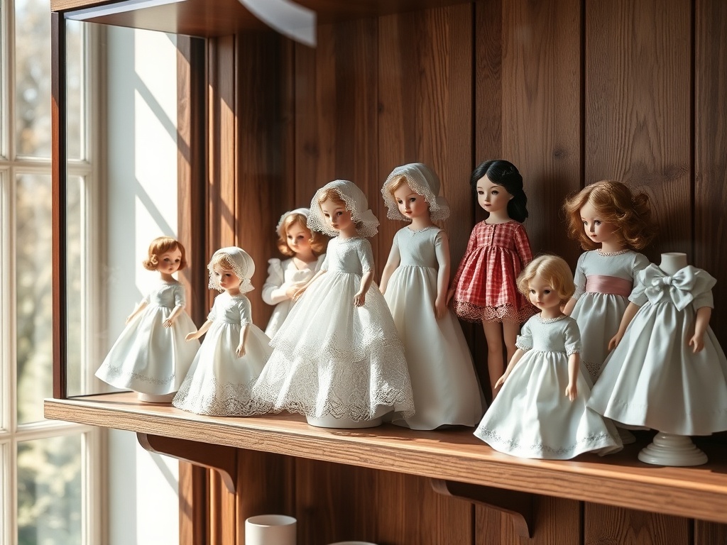 elegant porcelain dolls arranged on a vintage wooden shelf with soft natural lighting and glass display case