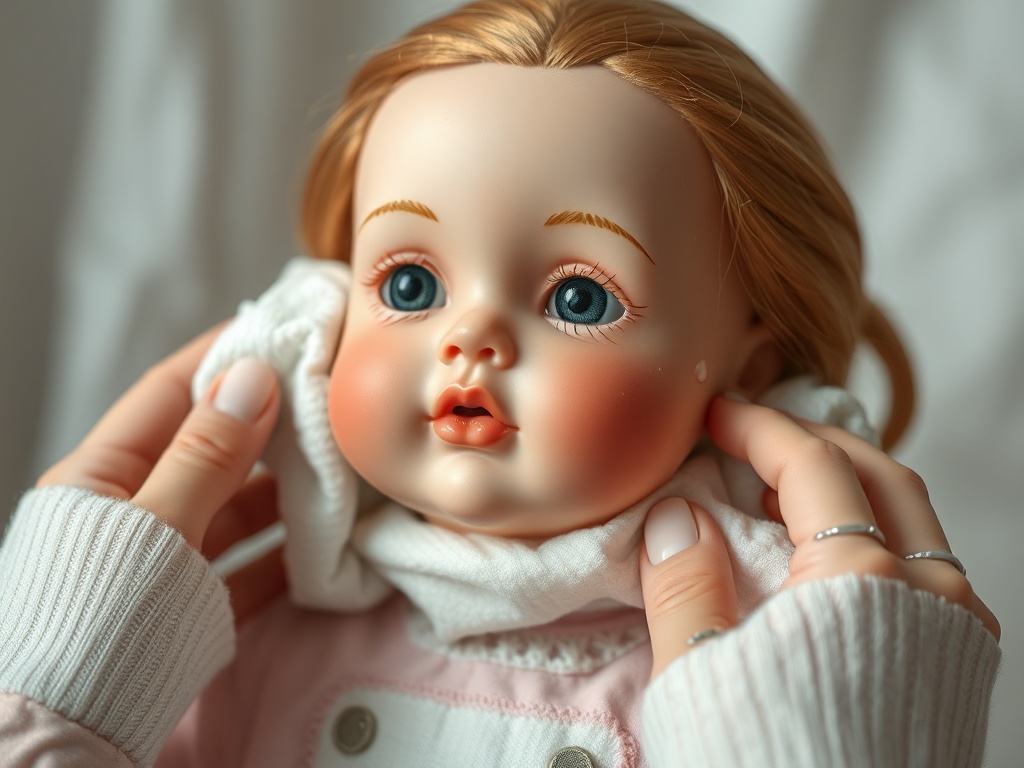 gentle cleaning of porcelain doll face using damp cloth and careful hands