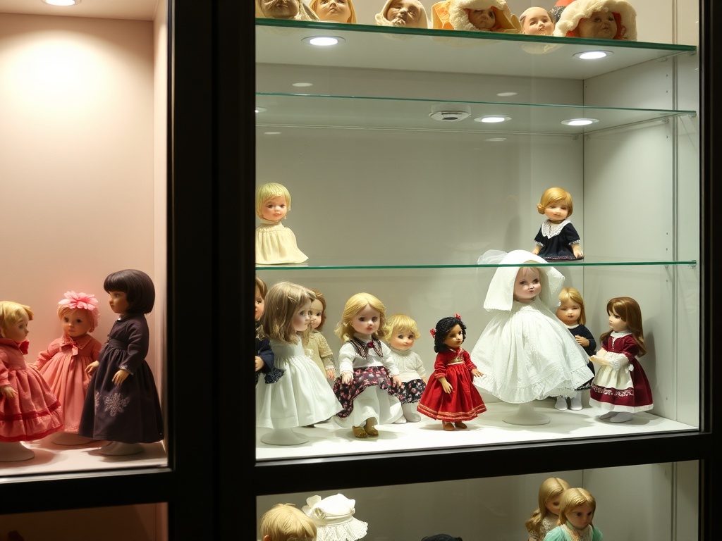 glass display cabinet filled with porcelain dolls arranged neatly with soft LED lighting