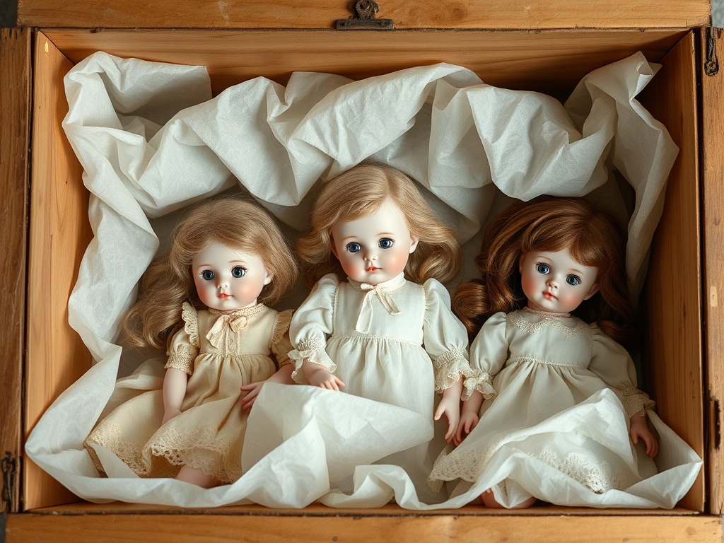 porcelain dolls carefully wrapped in acid-free tissue inside archival storage box