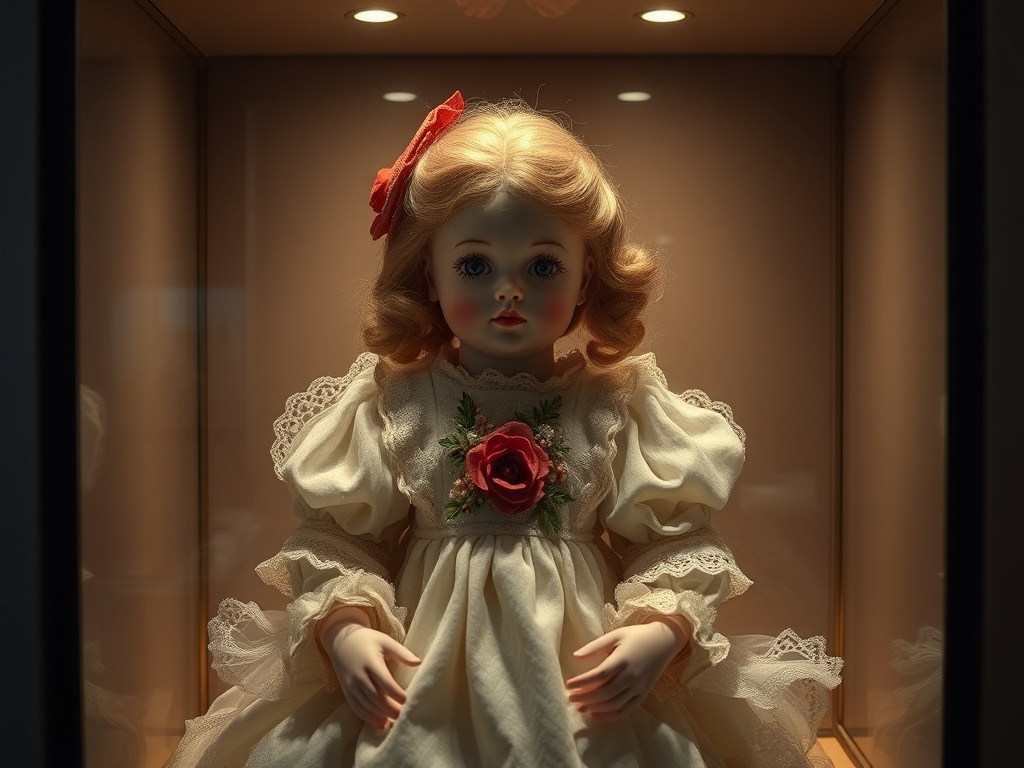rare antique porcelain doll displayed in museum-style case with soft controlled lighting