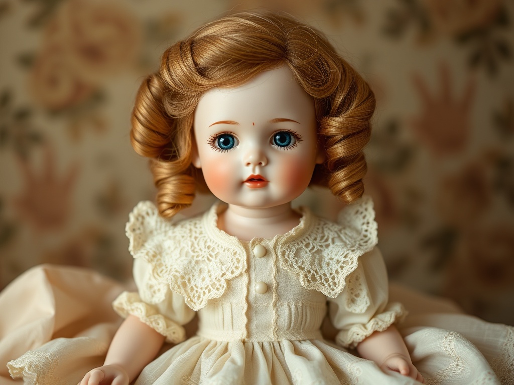 vintage porcelain doll with detailed lace dress and styled curls displayed delicately