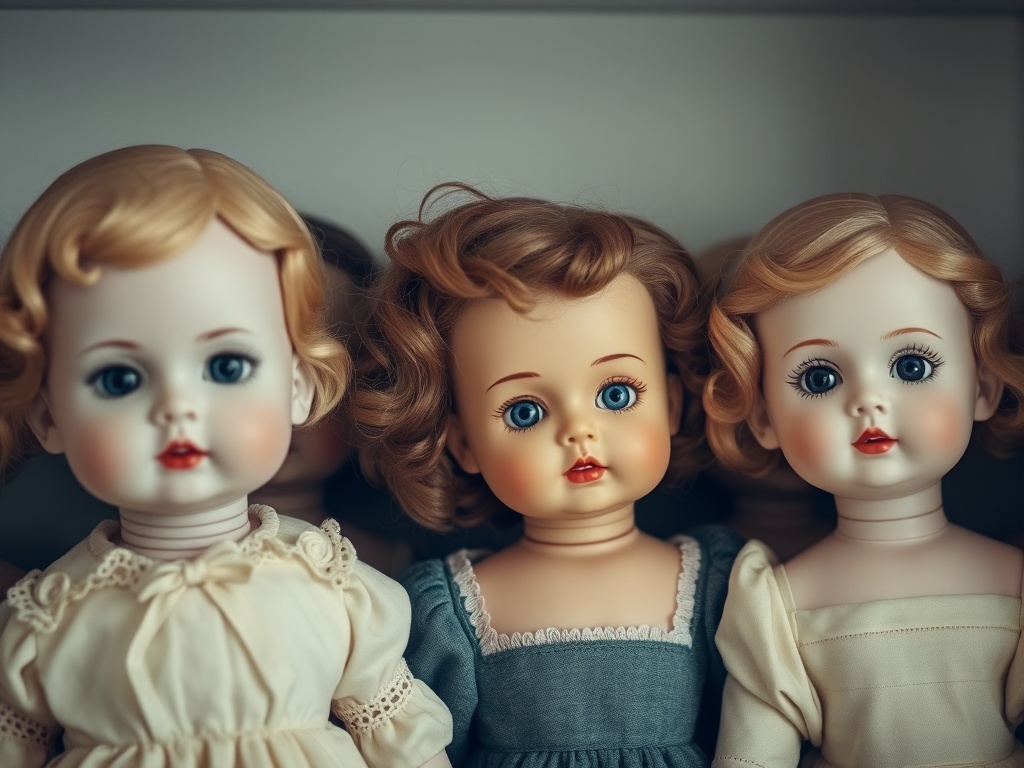 a carefully arranged shelf of antique porcelain dolls with varied expressions, soft lighting, vintage aesthetic
