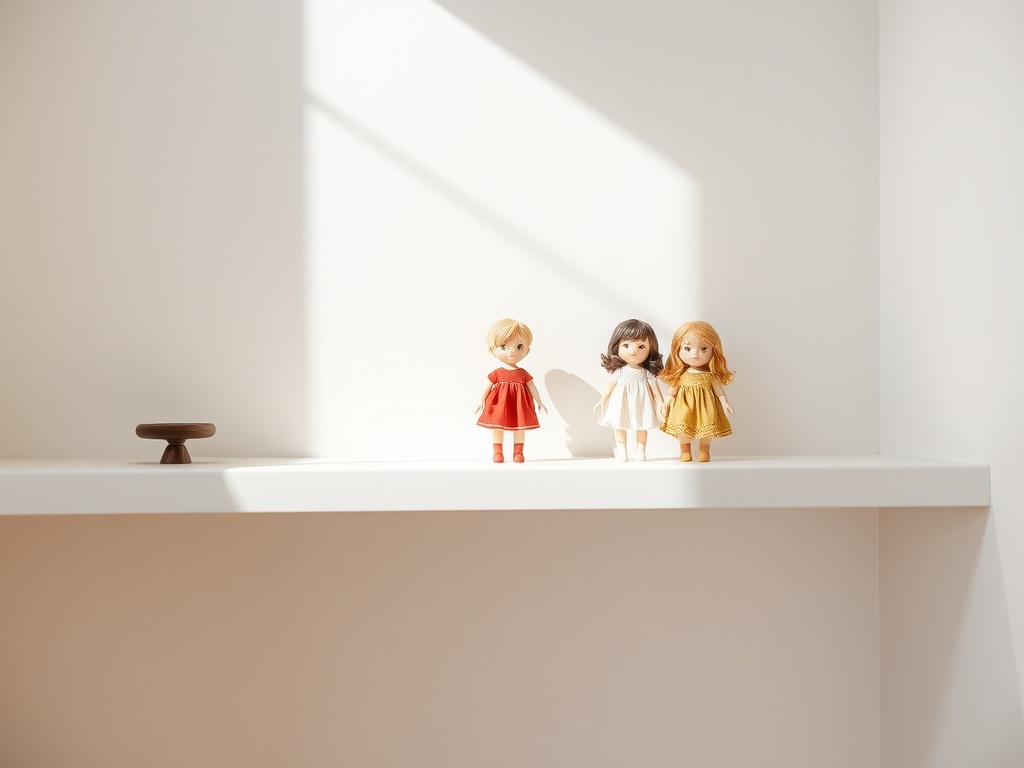 clean shelf with a small number of high-quality porcelain dolls spaced evenly, soft natural light